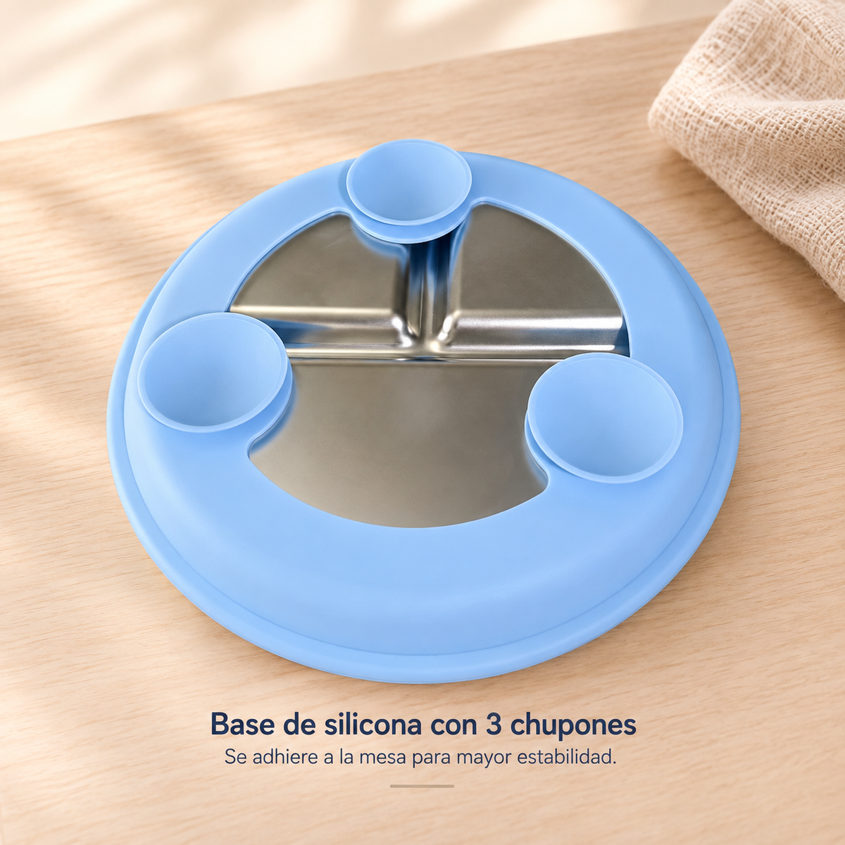 Plato de acero inoxidable y silicona - celeste