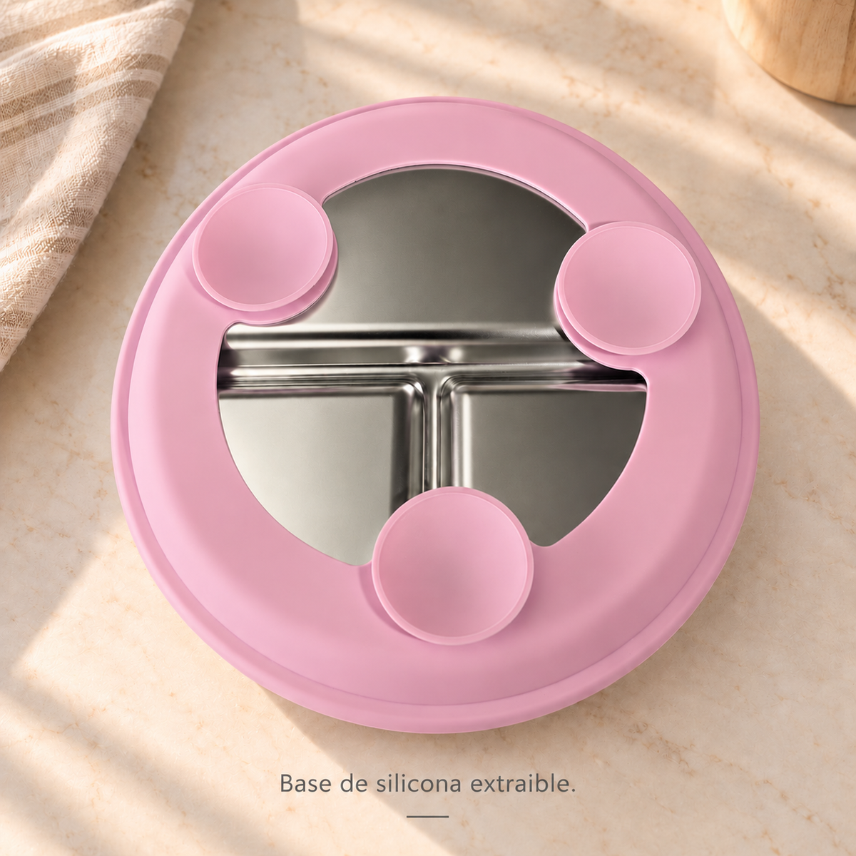 Plato de acero inoxidable y silicona rosa